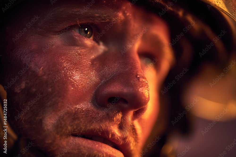 Poster Close Up Portrait of Sweating Man's Face Under Intense Warm Light Representing Effort and Resilience : Generative AI