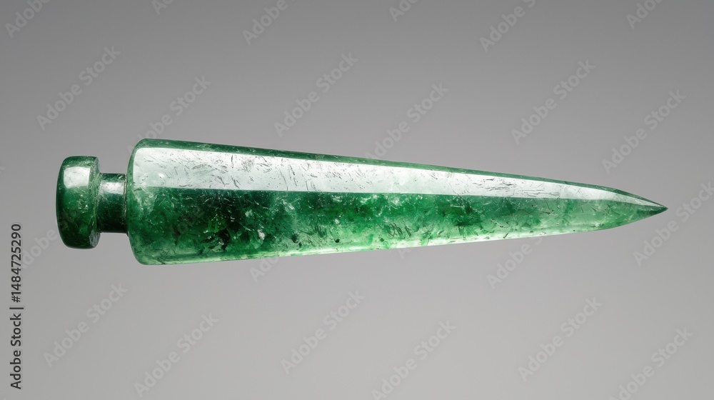 Poster a green gemstone with a pointed tip and a rounded base.