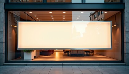 Mockup. Bright Blank Rectangular Storefront Sign Sleek Minimalist Style in White with Luminous Glow for Retail Display