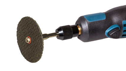 Electric mini drill with abrasive cutting disc in a collet chuck.