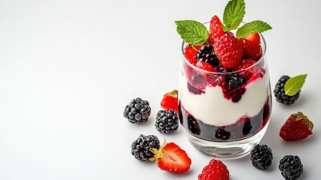 A delicious berry parfait featu strawberries, blackberries, and yogurt, garnished with fresh mint leaves, beautifully presented on a clean white surface.