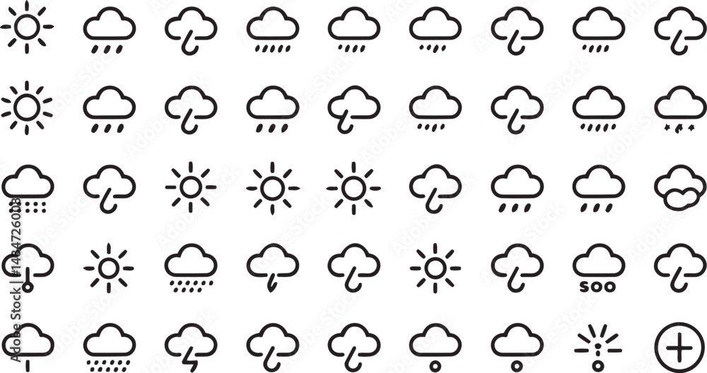 Poster weather icon set illustrating various meteorological conditions and elements