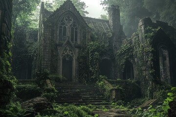 Fototapeta premium Old stone building overgrown with ivy in a foggy forest setting. Perfect for fantasy, gothic horror, or historical projects.