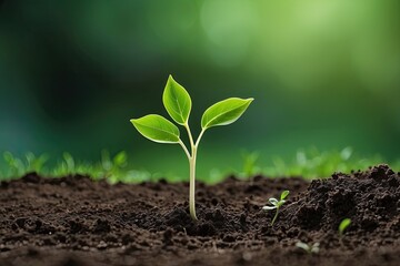 Fototapeta premium Young Green Plant Sprouting from Soil in Nature