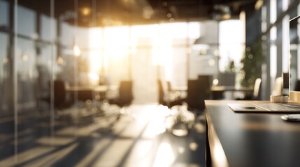Modern business office setting environment blurred background with sunlight reflection on window glass for design. High quality
