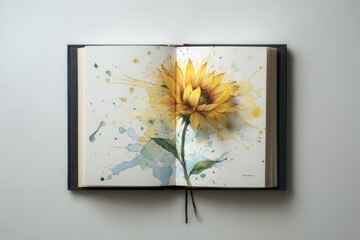 Open sketchbook displaying a vibrant sunflower illustration.
