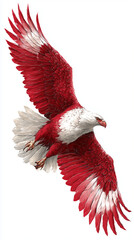 Fototapeta premium An illustration of a vibrant red and white eagle soaring against a bright white backdrop, showcasing its powerful wings and sharp gaze.