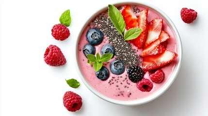 A vibrant smoothie bowl with strawberries, blueberries, raspberries, blackberries, chia seeds, and mint leaves is served on a clean white surface for breakfast today.