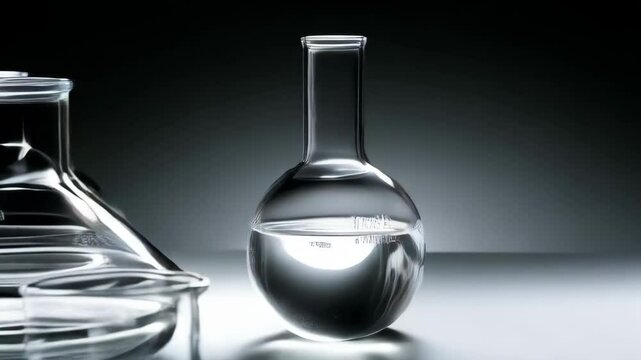 Arrangement of clean empty and filled glass beakers, flasks, and labware on a surface under soft lighting, laboratory setting.