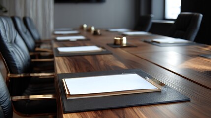 Empty conference room table with documents and chairs. High quality