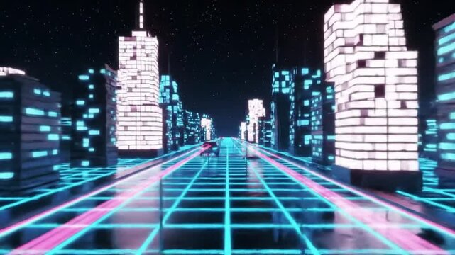 Retro futuristic city with neon grid and starry night sky in 80s style