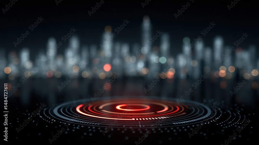Poster modern city skyline elements intertwined with digital abstraction showcasing glowing concentric circ