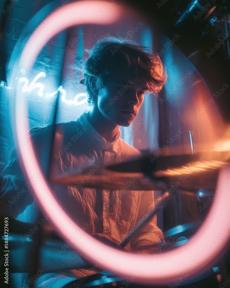 Poster young drummer performing in neon light with focus and passion, representing live music and artistic 