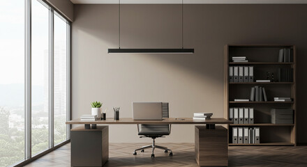 Interior Shows Modern Office with Desk, Laptop, Chair, and Shelving Unit Design