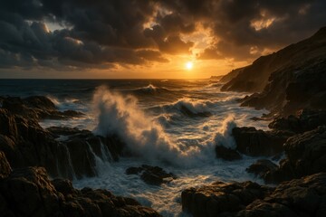 Obraz premium A dramatic sunset over the ocean with powerful waves crashing against the rocky coastline, creating a stunning seascape