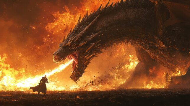 A majestic dragon unleashes fiery breath against a figure in a scorched landscape