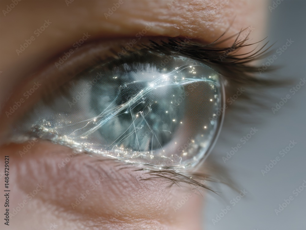 Poster captivating close-up of a human eye showcasing intricate digital patterns and sparkling elements rep