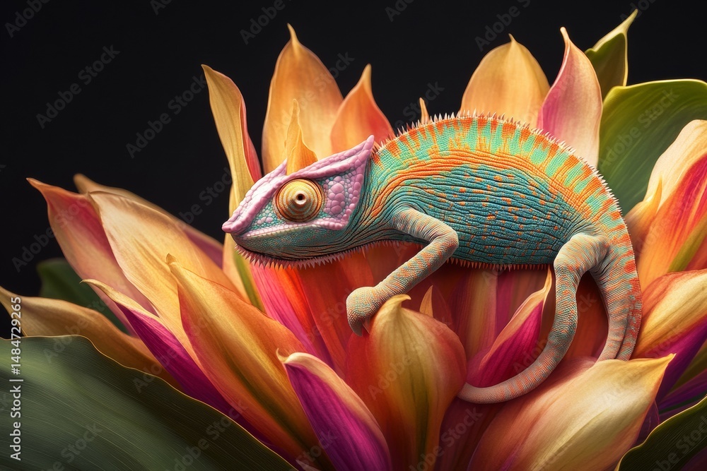 Poster a chameleon with bright colors rests gracefully on a large, vibrant tropical flower. its scales show
