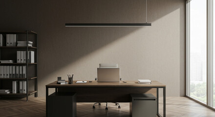 Interior displays Office Workplace with Desk and Laptop in a Modern Style Room