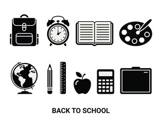 Back to School Black Icon Set, School Supplies Vector Illustration, Isolated vector education icons.