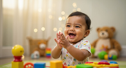 Happy baby clapping hands while playing with colorful toys indoors, copy space  