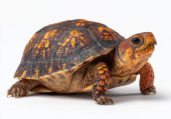 Obraz premium Beautiful turtle with yellow spots on its shell against a white background, showcasing its unique patterns and colors.