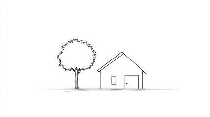 Fototapeta premium Simple Line Drawing of House and Tree (1)