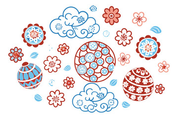 Spherical floral designs with cloud-like textures floating independently