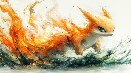 Fiery fox creature running through water