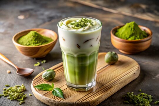 A green drink with a green leaf on top of it