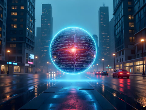 Futuristic Cityscape, A Luminous Data Sphere Suspended Above a Wet Urban Street, Reflecting Advanced Technology and Modern Metropolitan Life in a Sci-Fi Setting