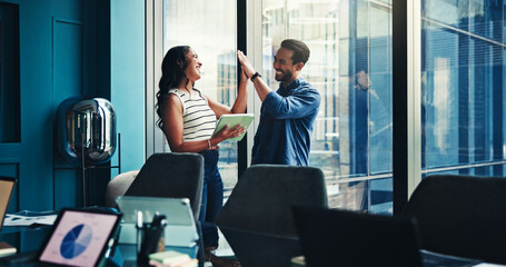 Happy, colleagues and high five in office, tablet and celebration for marketing strategy or...