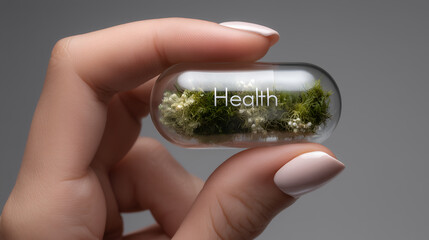 a person holding a unique capsule filled with natural elements and the word "Health" on it, creating an innovative concept that combines health and nature.