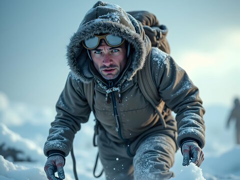 Photorealistic portrait of a rugged polar explorer navigating a snow-covered landscape, clad in worn snow gear, conveying determination and resilience in the harsh winter environment