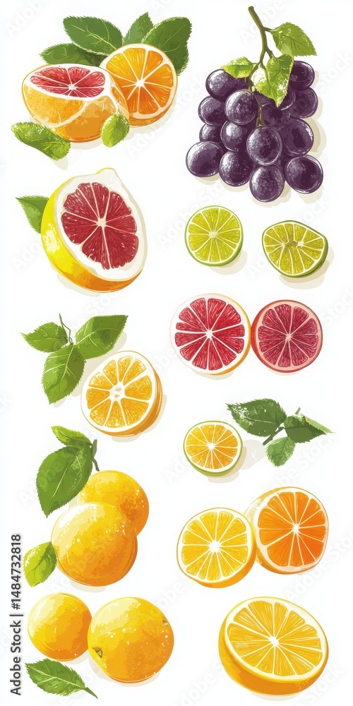 Poster cut grape citrus set isolated with white background
