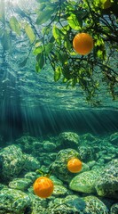 Sunlit underwater scene with oranges on a tree and on the rocky bottom