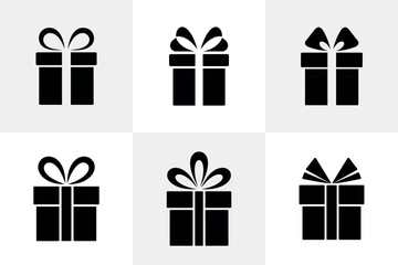Set of Black Gift Box Icons with Various Ribbon Bow Designs