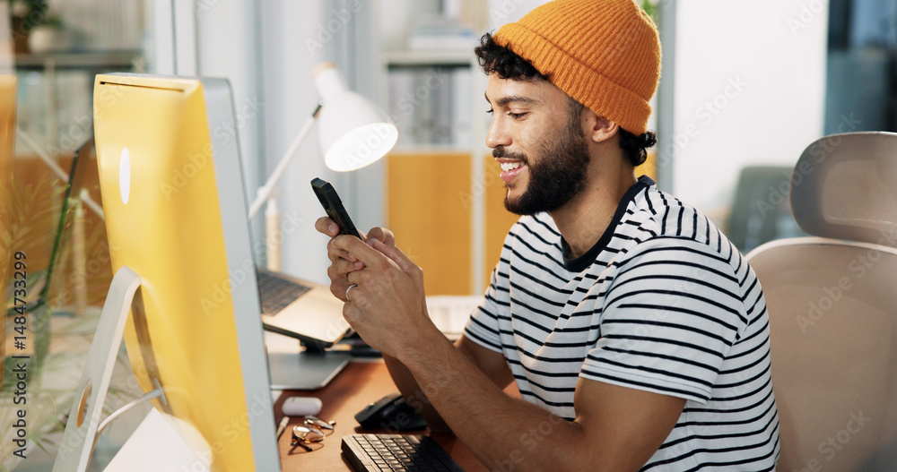 Poster Computer, web designer and man with phone in office for software, website update and user interface. Happy, digital agency and person on smartphone for social media, internet and message on break