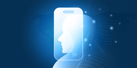 Blue and white futuristic concept of use AI on mobile devices. A human face silhouette emerges from a smartphone, symbolizing facial recognition techniques and artificial intelligence appliances.