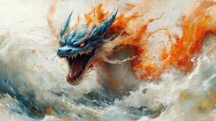 Fierce mythical dragon emerging from waves.  Powerful creature, vibrant colors