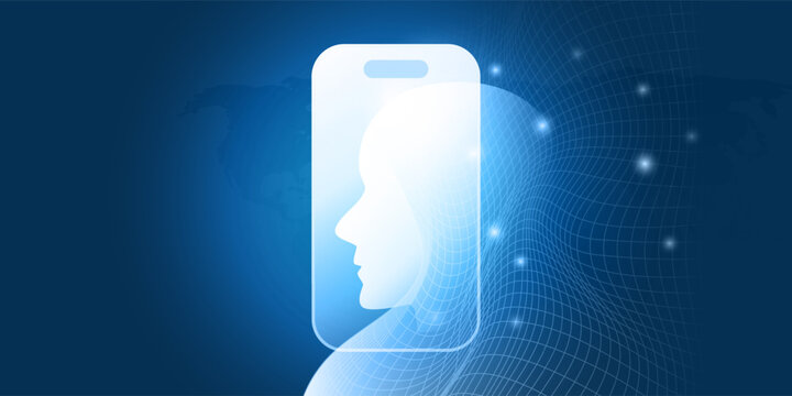 Blue and white futuristic concept of use AI on mobile devices. A human face silhouette emerges from a smartphone, symbolizing facial recognition techniques and artificial intelligence appliances.