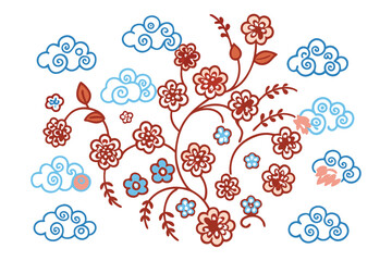 Vine with multiple clustered flowers along it, each flower made of small rounded cloud puffs