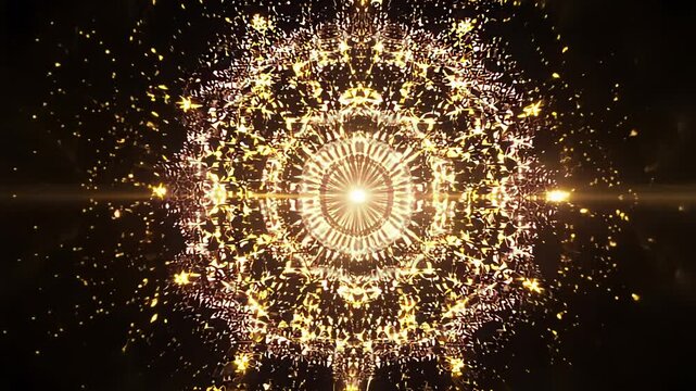 perfectly centered mandala of tiny light particles emerges from darkness, strong backlighting creates dramatic silhouette, particles catch light like dust spiritual and cosmic concept