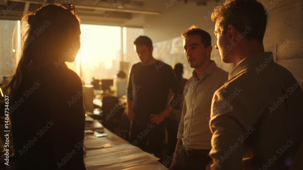 Poster team discussing project at sunset in modern office, illustrating collaboration and workplace dynamic