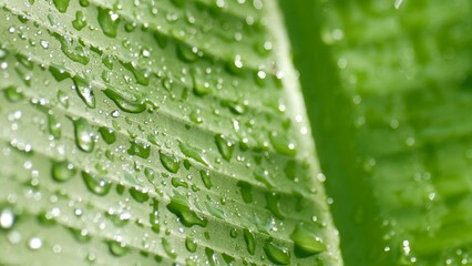 Water Droplets on Banana Leaf: Close-up view of water droplets clinging to the vibrant green veins of a banana leaf, creating a captivating display of nature's artistry.