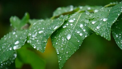 Green Leaves with Dew Drops: Close-up view of vibrant green leaves glistening with fresh dew drops after a gentle rain, showcasing the intricate details of nature's beauty.