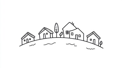 Fototapeta premium Simple doodle sketch of houses on a hill. Peaceful village scene. Stock photo for children's book or educational material