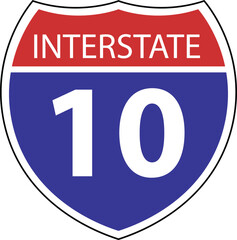 US Interstate 10 highway icon. US Interstate 10 highway sign with route number and text. Interstate highway 10 road symbol. flat style.