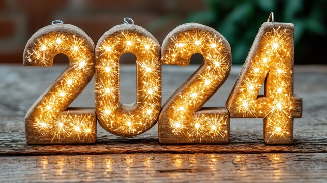 Illuminated wooden numerals '2024' sparkle brightly, suggesting celebration and new beginnings.  A rustic wooden surface provides a warm backdrop