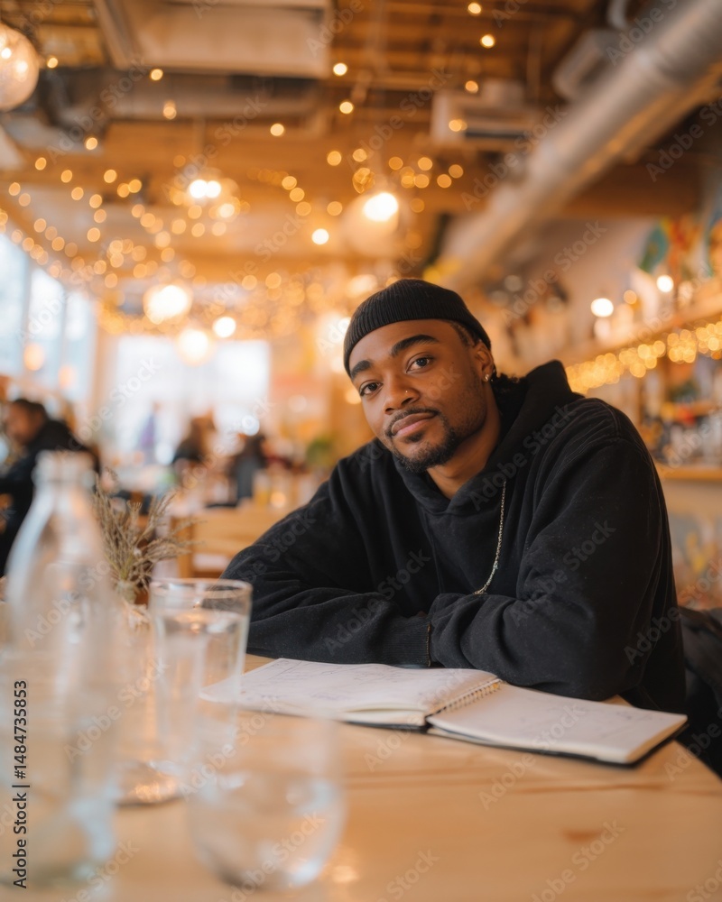 Poster young man at cafe table with notebook and water bottle, representing thoughtful reflection and urban